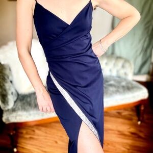Long Navy Ruched Evening Dress Small Rhinestone Wedding Guest Sparkly Prom